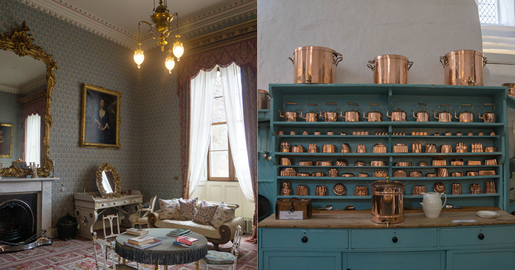 Raby Castle blue bedroom and medieval kitchen 